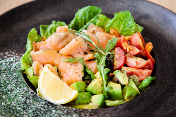 Smoked salmon salad with avocado, healthy food