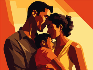 Heartfelt Family Embrace: Illustration of Joyful Diverse Couple Holding Their Adopted Child - A Celebration of Love and Togetherness