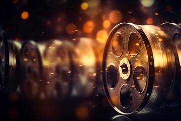 Reels of old film and bokeh background - obrazy, fototapety, plakaty