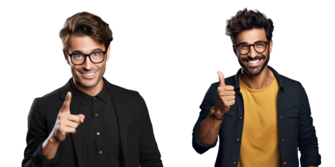 Smart happy man posing with finger on temple isolated on transparent background
