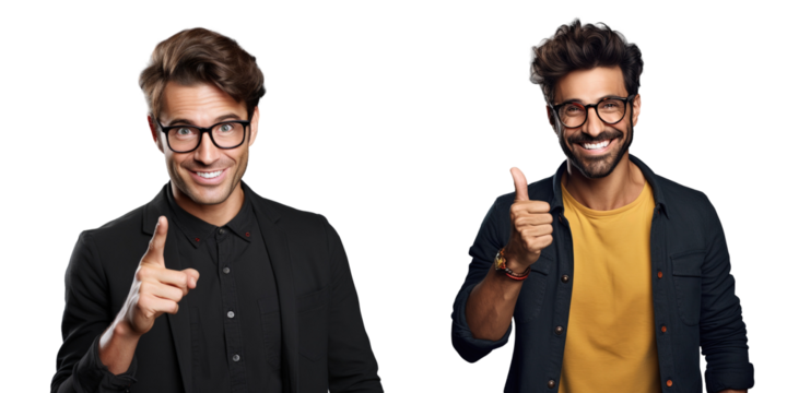 Smart happy man posing with finger on temple isolated on transparent background