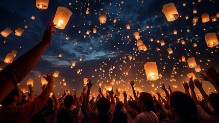 Sky lanterns or Chinese lantern, people let go in the air - obrazy, fototapety, plakaty