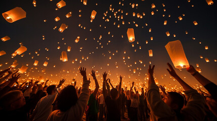 Fototapeta na wymiar Sky lanterns or Chinese lantern, people let go in the air