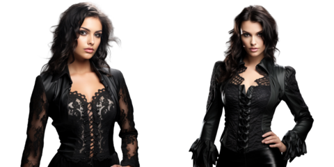 Attractive young adult woman with dark hair in black lingerie and a stylish jacket photographed alone on a transparent background