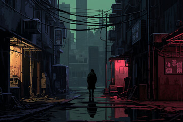 silhouette of a man in a Japanese city, cyberpunk anime style - obrazy, fototapety, plakaty