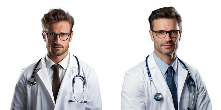 Doctor wearing white coat glasses and stethoscope looking at camera on transparent background