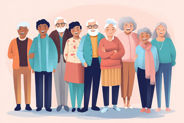Fototapeta premium Pretty smiling happy seniors in winter clothes. Concept of old people enjoying recreational leisure activity. Cheerful group of aged friends together on christmas holidays.