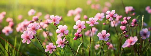 small pink flowers in a field near green grass, in the style of hale woodruff, realistic yet stylized - Powered by Adobe