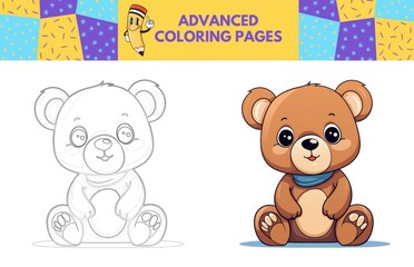 Bear coloring page with colored example for kids. Coloring book