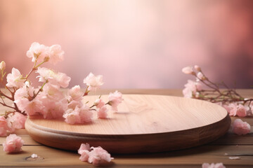 Circular wooden empty podium for presentation or advertising. Background with blurred flowers and scattered petals space. Concept of scene stage for natural products or promotion