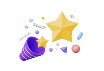 3D render, Party popper, confetti, stars, ribbons and geometric shapes in party festival or Surprise Birthday isolated on transparent background, new year celebration, minimal decoration design.