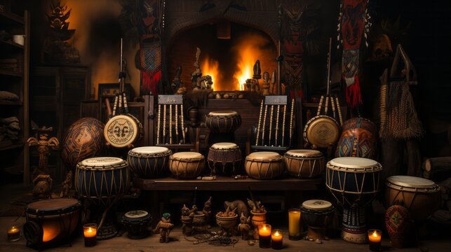 Traditional drumming metal and wood create rhythmic noise. Generative AI.