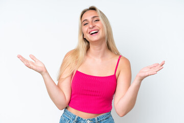 Young caucasian woman isolated on white background smiling a lot