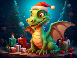 Cute cartoon dragon with christmas tree, gift boxes and presents