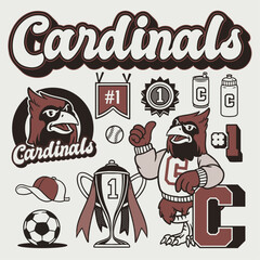 Cardinal Mascot Sport Object in Hand Drawn Vintage Style
