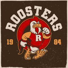 Cartoon Roosters Walking in Sport Vintage Athletic Style for Shirt Design
