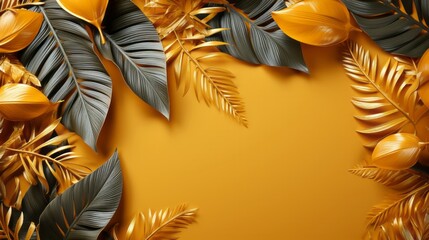 Tropical leaves and plants in golden color. Generative AI.