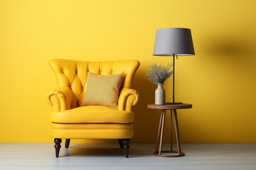 an armchair and a lamp in a yellow interior