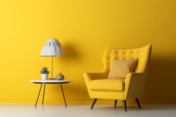 an armchair and a lamp in a yellow interior