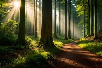 sun rays through the forest generated by AI