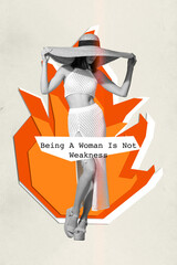 Vertical creative collage image of beautiful gorgeous female skirt hat being a woman is not a...