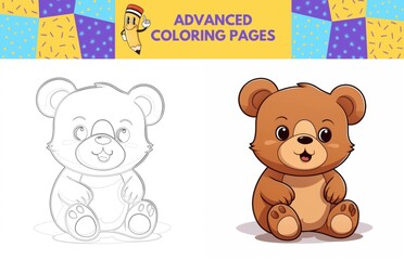 Bear coloring page with colored example for kids. Coloring book