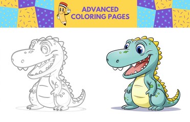 Fototapeta premium Crocodile coloring page with colored example for kids. Coloring book