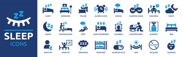 Fototapeta Sleep icon set. Containing sleeping, bedroom, dream, pillow, bed, alarm clock, insomnia, night, rest and sleep disorders icons. Solid icon collection. Vector illustration. obraz