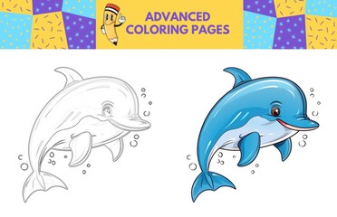 Obraz premium Dolphin coloring page with colored example for kids. Coloring book