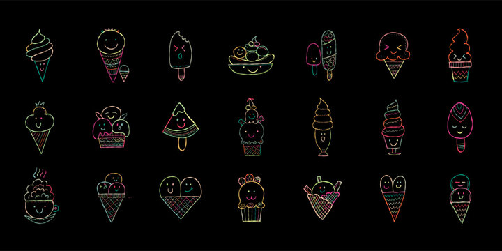 Ice cream characters. Kawaii style on black. Icons set