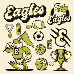 Eagle Mascot Object Sport Set in Vintage Hand Drawn Design