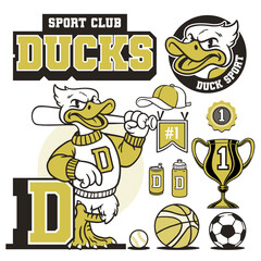 Duck Mascot and Sport Object Retro Style