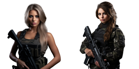 Gorgeous lady holds a plastic rifle while wearing a military Army uniform on a white transparent background