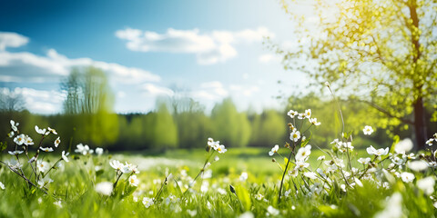 Daisy on sunny spring meadow, Summer spring beautiful natural scenery. Blooming lush green grass in meadow outdoors. Small fluffy flowers in grass on nature, generative Ai
