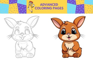 Rabbit coloring page with colored example for kids. Coloring book