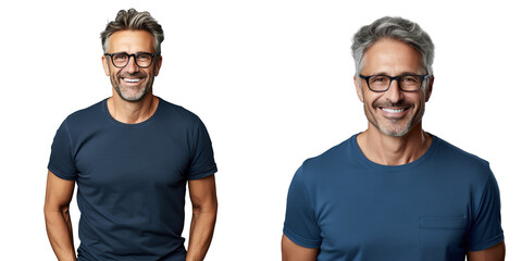 Smiling middle aged man with folded arms wearing blue T shirt and glasses standing against transparent background Focusing on eyesight