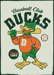 Serious Cartoon Duck Ready to PlayBaseball Poster in Vintage Style