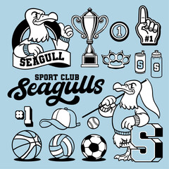 Set of Seagull Mascot and Sport Object in Old School Style