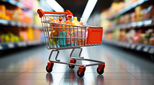 caddie de supermarché dans les rayons d'un magasin, rempli de fruits et légumes et de boites, conserves et autres marchandises