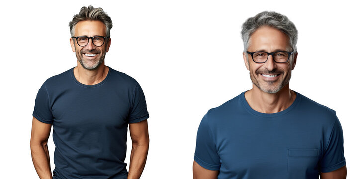 Smiling middle aged man with folded arms wearing blue T shirt and glasses standing against transparent background Focusing on eyesight © 2rogan
