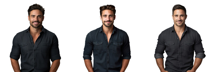 transparent background portrait of a confident man in a denim shirt arms crossed smiling and cool isolated on gray
