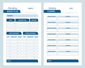 Set of two minimalist budget planners. Monthly and weekly plan template. Cute and simple business organizer. Paper. Realistic vector illustration.