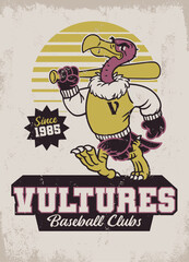 Vulture Baseball Sport Mascot Vintage Shirt Design in Retro Style
