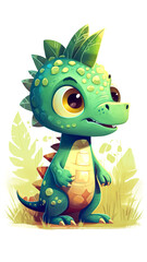 Obraz premium Funny little green dinosaur cartoon character, generative AI.