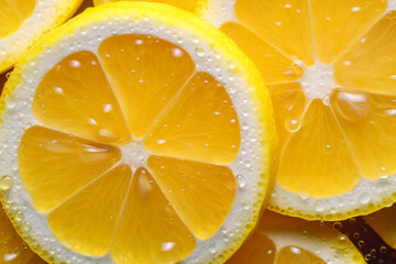 Fresh lemon top view background. Sliced lemons close up. AI generated