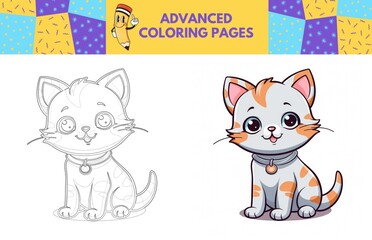 Cat coloring page with colored example for kids. Coloring book