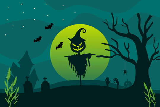 Halloween full moon night background with the Scarecrow pumpkin, dark castle, tombstone, and bats. Vector illustration.