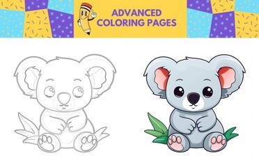 Koala coloring page with colored example for kids. Coloring book
