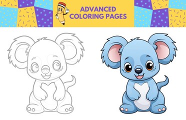 Koala coloring page with colored example for kids. Coloring book