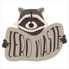 Flat Ecology illustration with Lettering Zero waste. Raccoon handle a plate with the inscription. Green concept vector wording. Art design for Eco campaign, Garbage sorti poster, banner, Flyer, Badge.